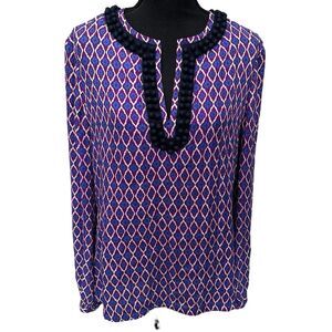 Tory Burch Silk Blouse Purple and Navy Geometric V-Neck Textured Holiday Size 8